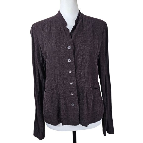 Eileen Fisher Linen Blend Button Up Blouse Sz M Dark Brown Pockets Minimalist - Picture 1 of 10